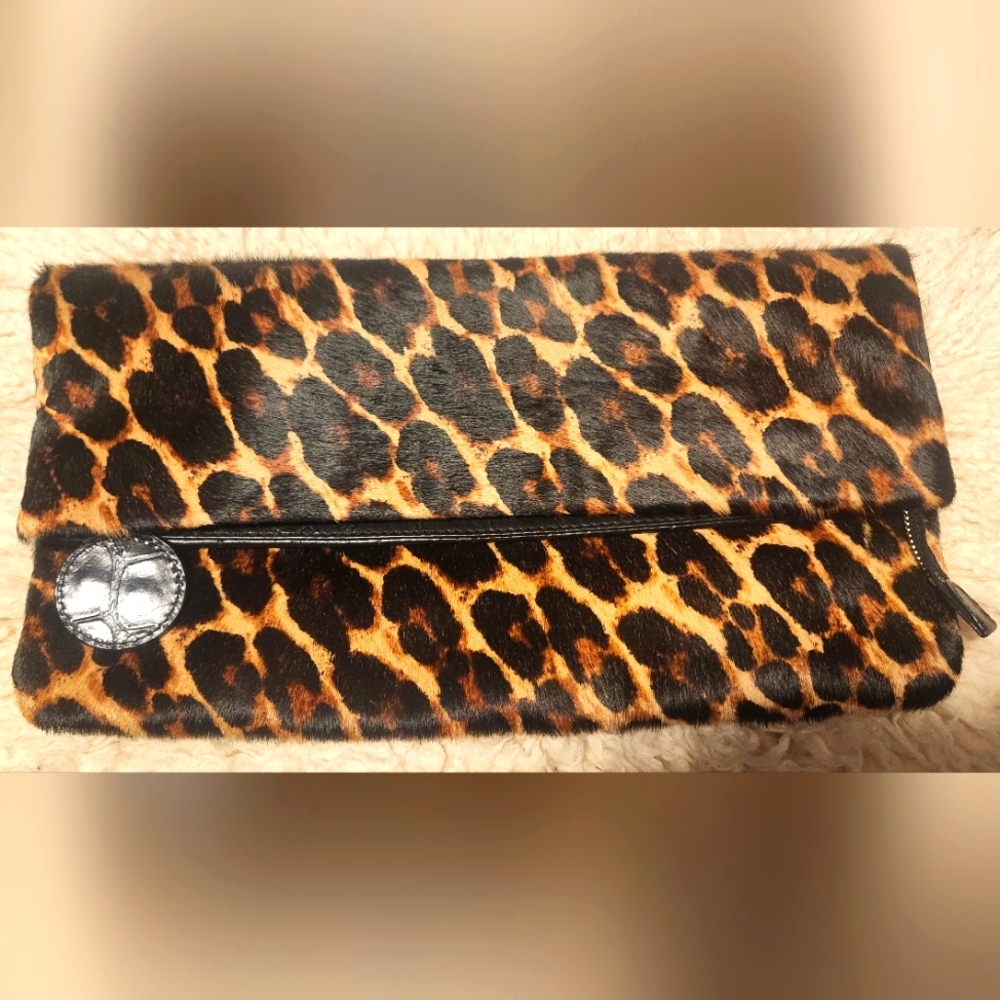 NWOT Antonio Melani Hair On Hide Leopard Print Leather Pocket Book/clutch